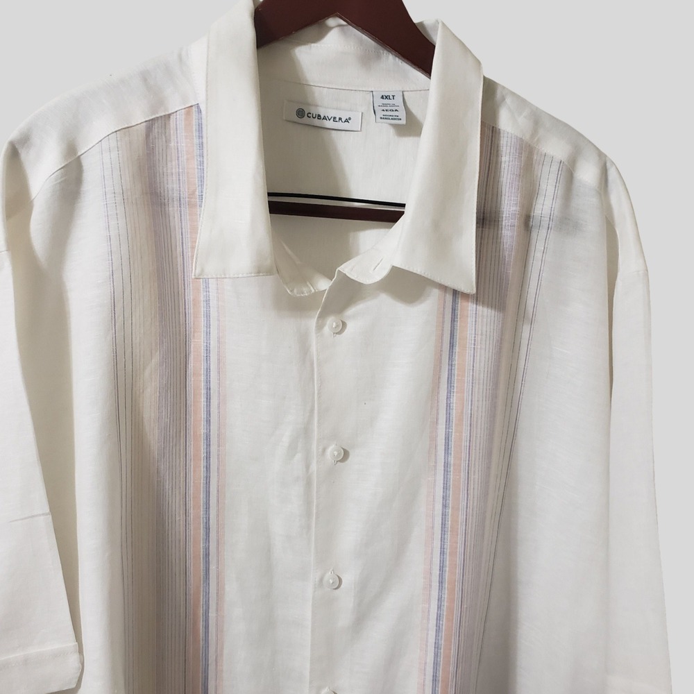 Cubavera Mens 4XLT White Linen Blend Striped Short Sleeve Button Up Shirt - Picture 2 of 10